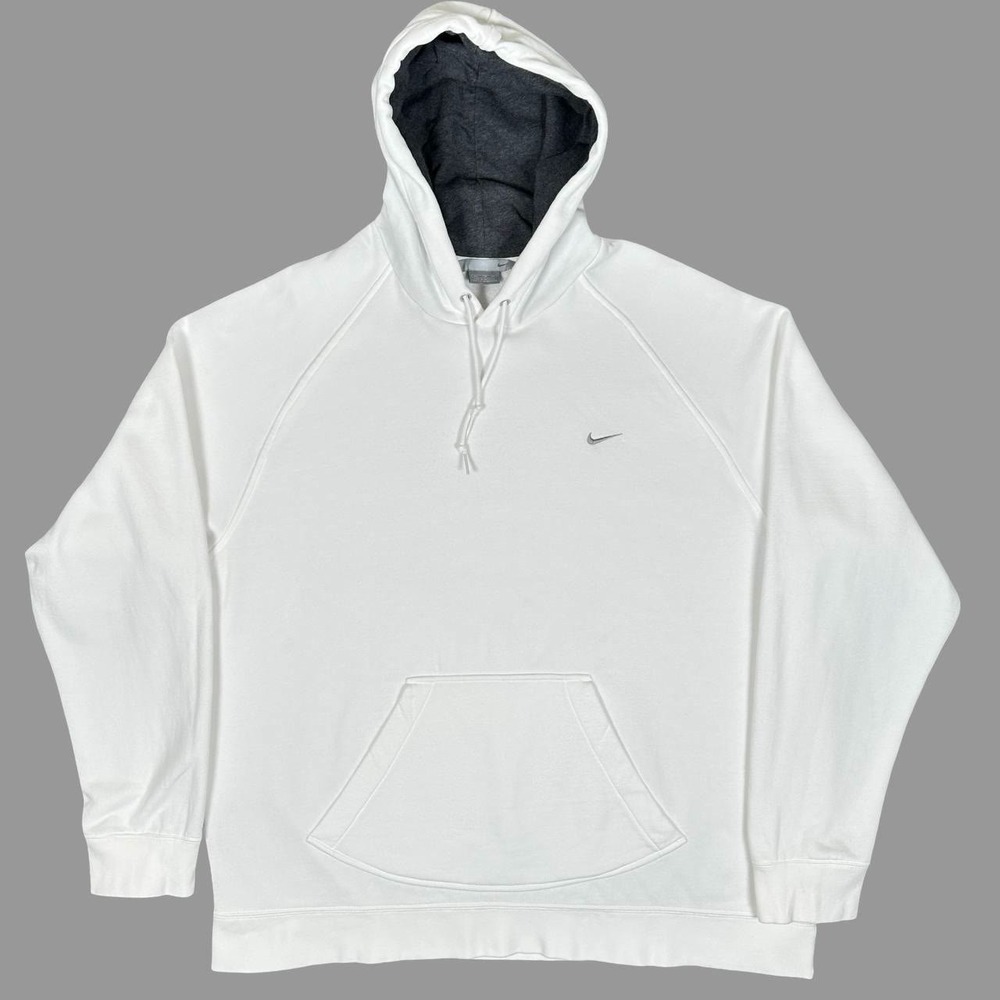 VTG Nike Y2K Hoodie Mens XXL White Raglan Mini Gray Swoosh Lined Hood Gorpcore